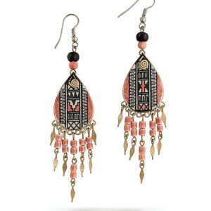 Southwest Dangle Earrings Pink & Black Hand-Painted Clay Beads Vintage